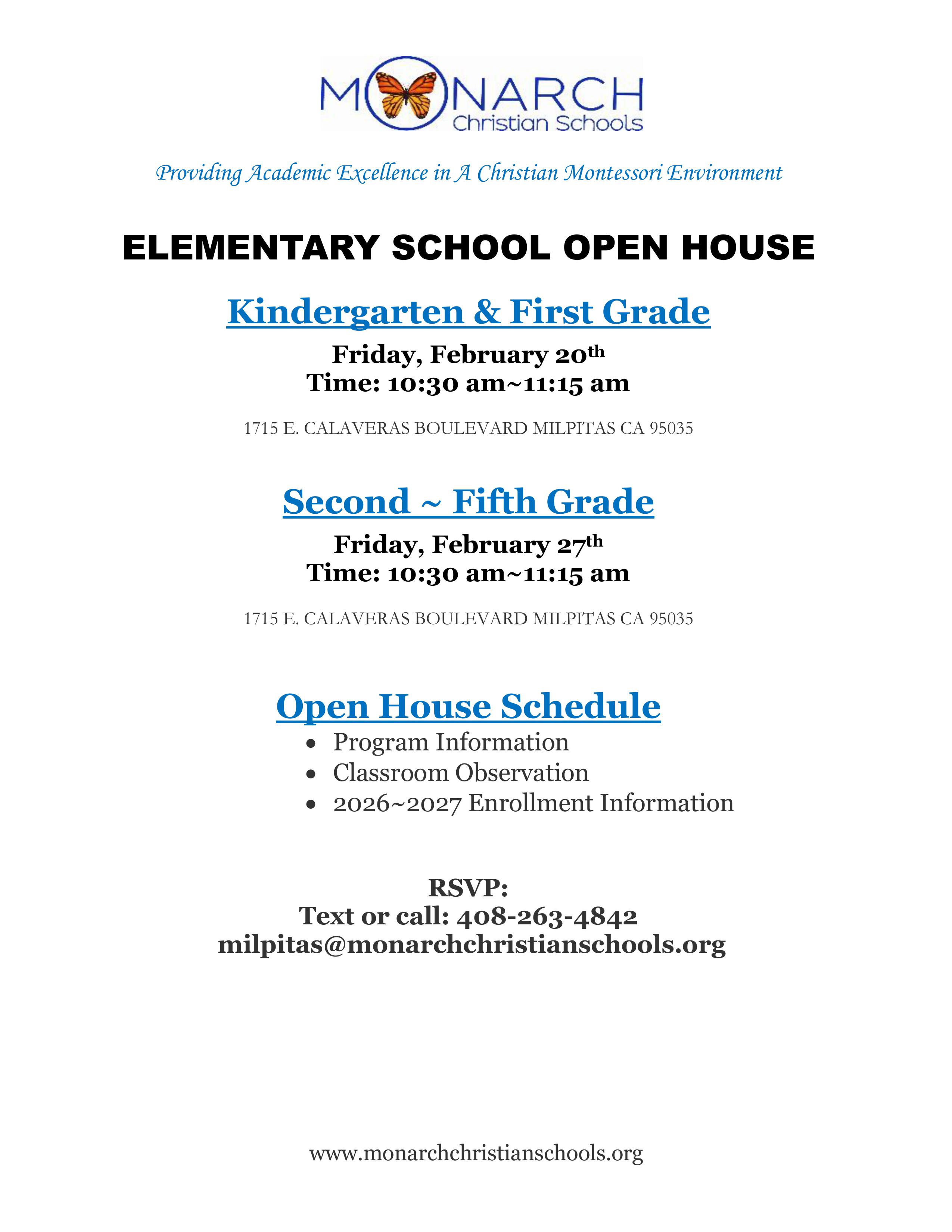 MONARCH CHRISTIAN ELEMENTARY CHOOL OPEN HOUSE 2026