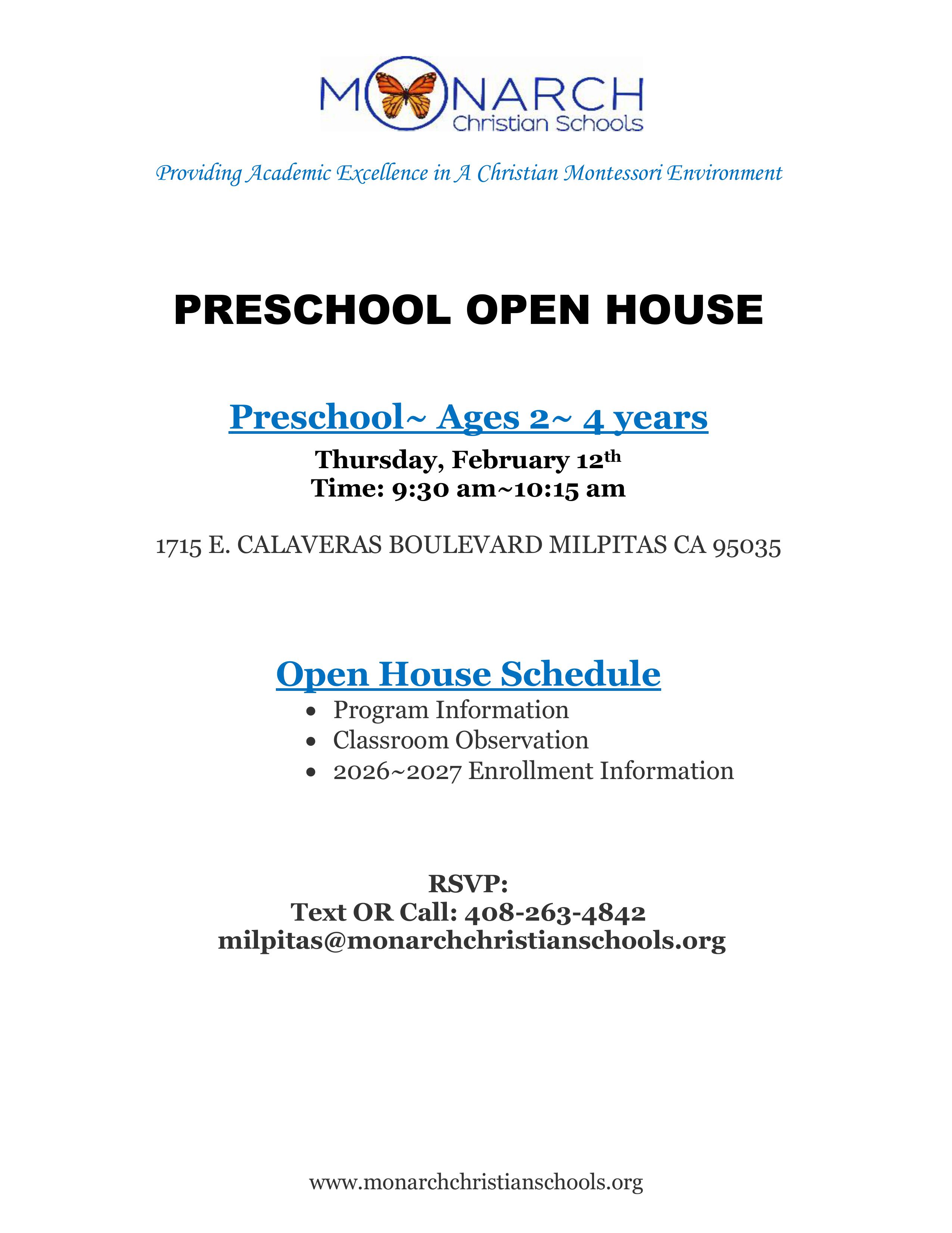 MONARCH CHRISTIAN PRESCHOOL OPEN HOUSE 2026